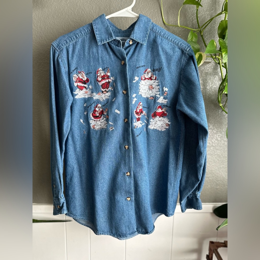 Cambridge Dry Goods Blue Denim Shirt with Santa Embroidery